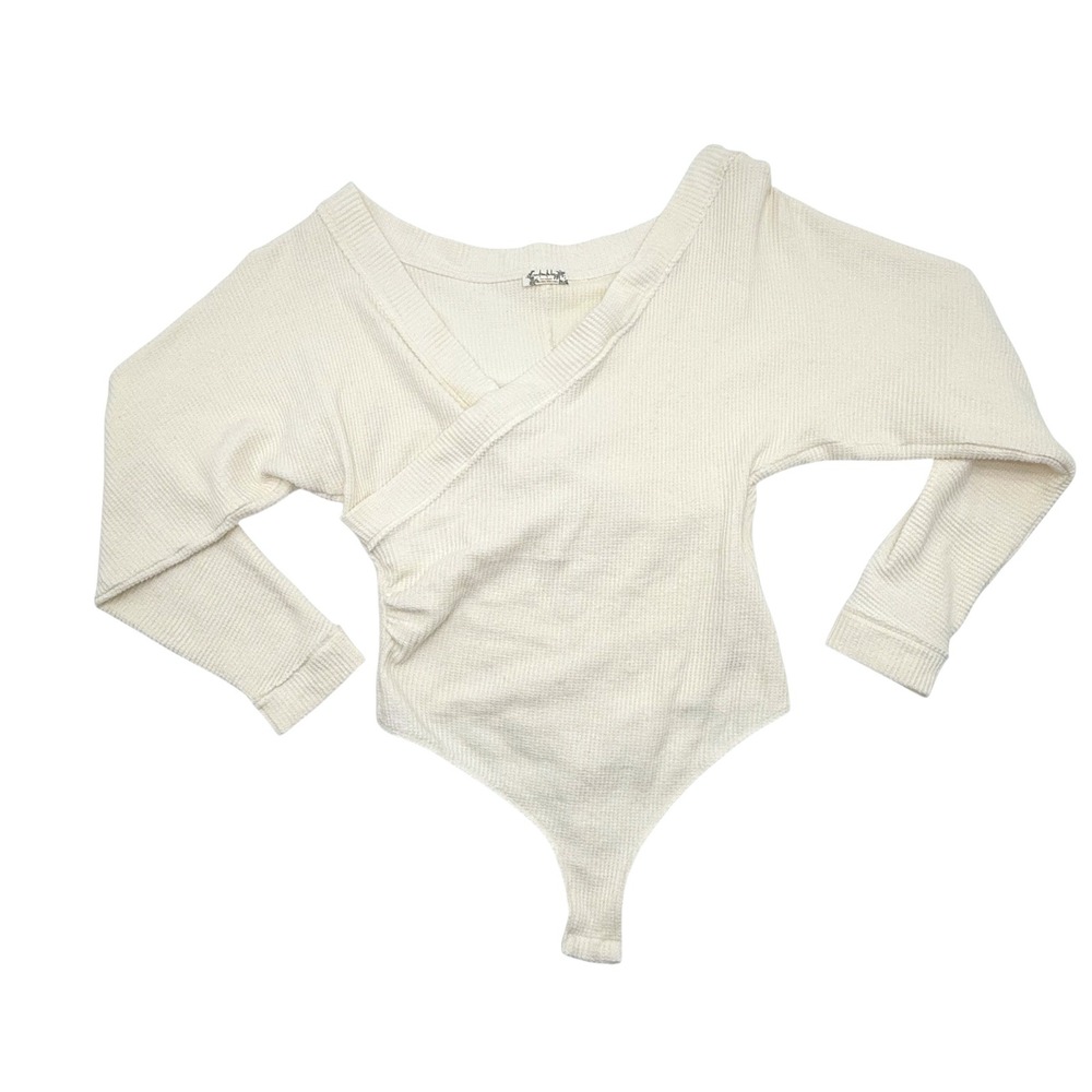 Intimately Free People Cream Ribbed Wrap Bodysuit Long‎ Sleeve Medium OB14625